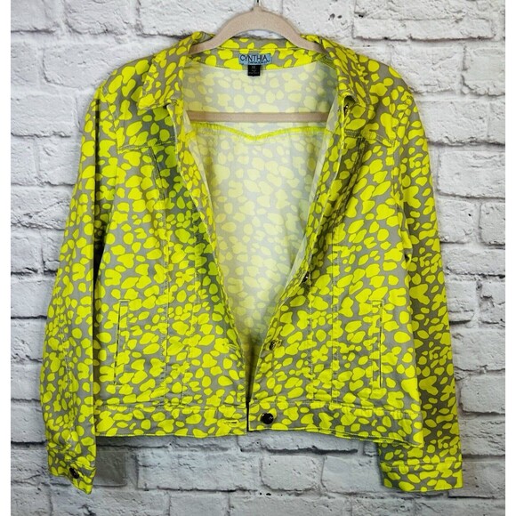 Cynthia Rowley Women's Soft Denim Jacket Button Up Neon Yellow Gray Colorful XL - Picture 5 of 8